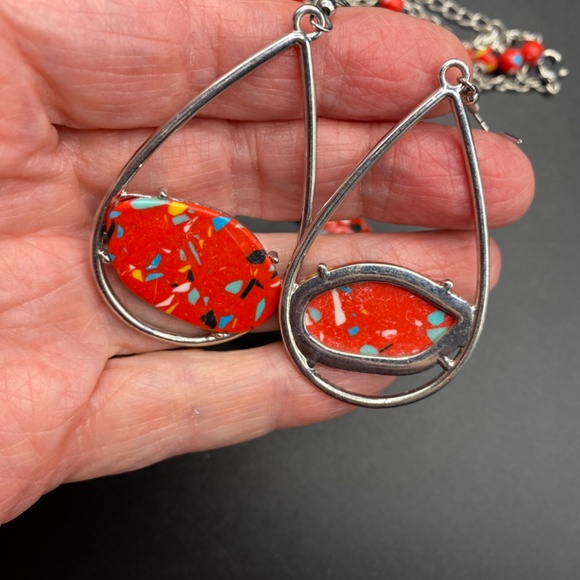 Bright Red Abstract Papparazi Necklace & 2 Pairs Earrings Set - Picture 5 of 12